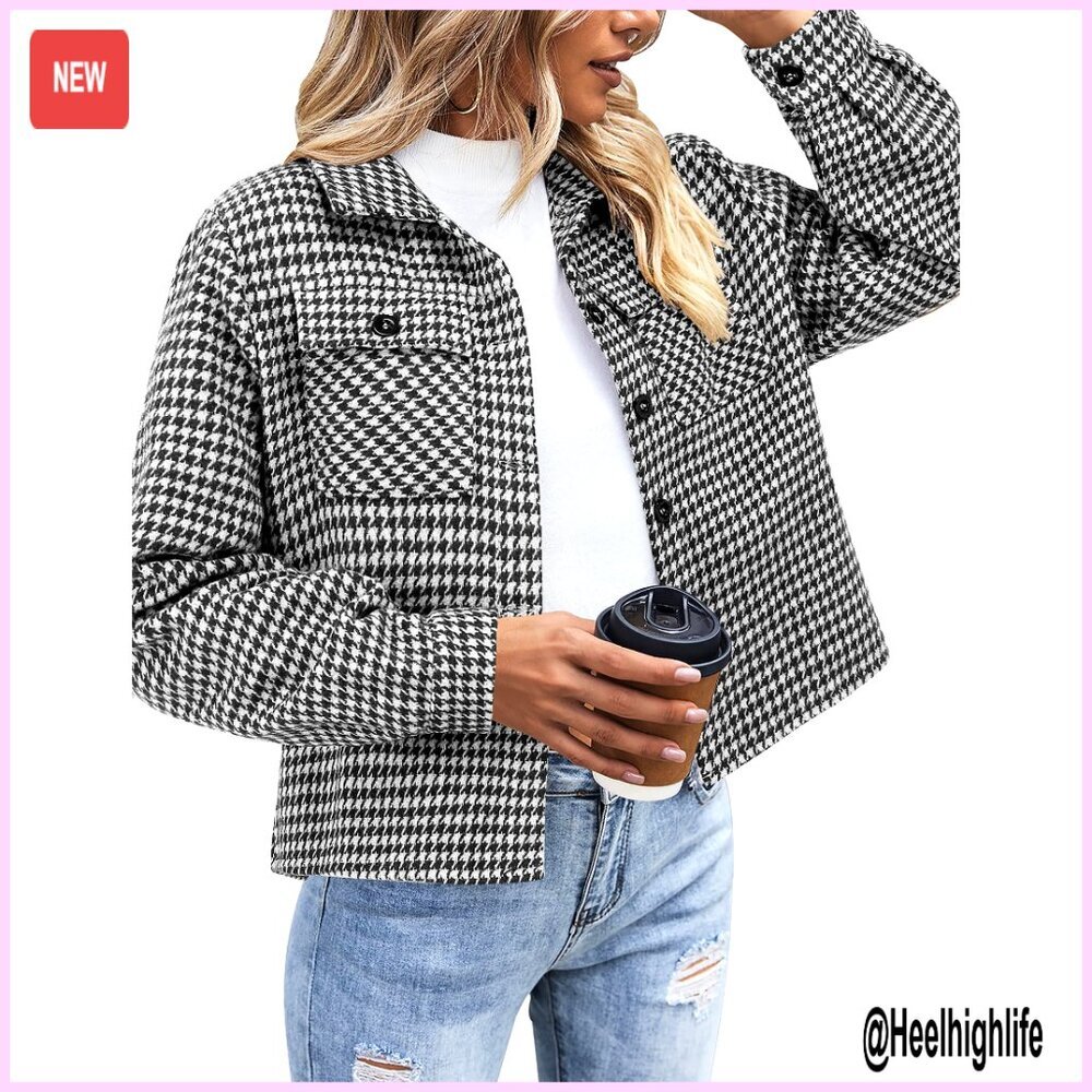 Cropped Flannel Shacket Jacket Plaid Button Down Casual Tops